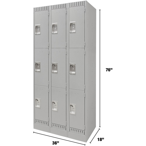 Lockers, 3 -tier, Bank of 3, 36" x 18" x 76", Steel, Grey, Knocked Down Pathway Supply LP