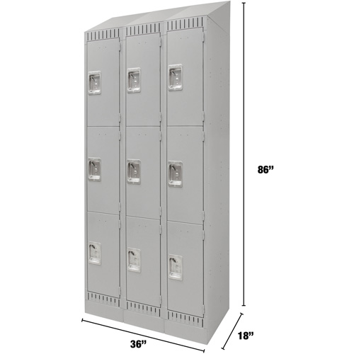 Lockers, 3 -tier, Bank of 3, 36" x 18" x 86", Steel, Grey, Knocked Down Pathway Supply LP
