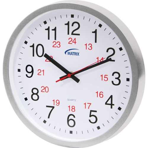 12/24 H Clock, Analog, Battery Operated, 12", Silver Pathway Supply LP