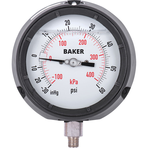 Pressure Gauge, 4-1/2" , 30"-0-60 psi, Bottom Mount, Liquid Filled Analogue Pathway Supply LP