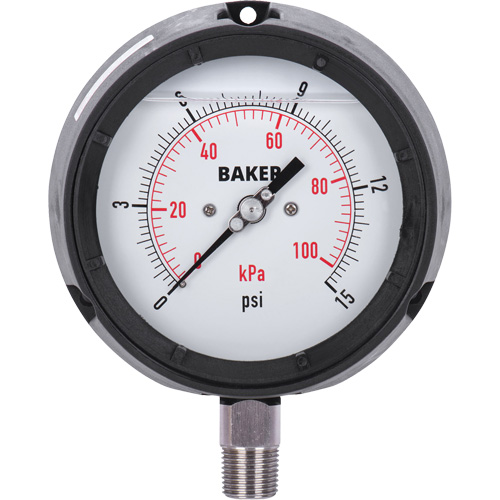 Pressure Gauge, 4-1/2" , 0 - 15 psi/0 - 100 kPa, Bottom Mount, Liquid Filled Analogue Pathway Supply LP