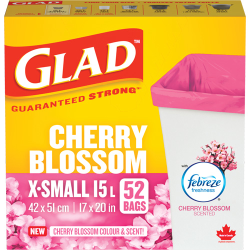 Sacs parfum&eacute;s et de couleur fleur de cerisier de Glad, Fort, 17" la x 20" lo, Rose, Capacit&eacute; 15 L (3,96 gal) Pathway Supply LP