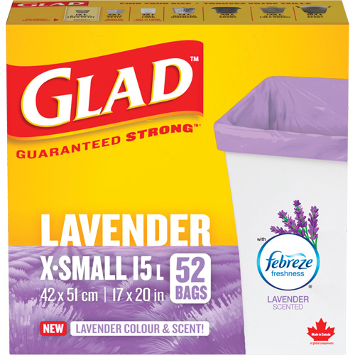 Glad&reg; Lavender Coloured & Scented Bags, Strong, 17" W x 20" L, Purple, 15 L (3.96 Gal.) Capacity Pathway Supply LP