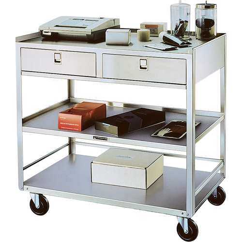 Stainless Steel Equipment Stands, 300 lbs. Capacity, Stainless Steel, 20"/20-1/8" x W, 35" x H, 37"/36-3/8" D, Knocked Down, 2 Drawers Pathway Supply LP