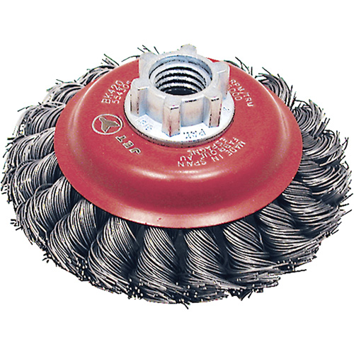 BK420T Knot Twisted Conical Brush, 4" Dia., 0.02" Fill, 5/8"-11 Arbor, Steel Pathway Supply LP