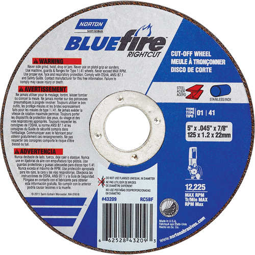 BlueFire&reg; Cut-off Wheel, 4-1/2" x 0.045"/1/16", 7/8" Arbor, Type 01/41, Aluminum Oxide/Zirconium, 13580 RPM Pathway Supply LP