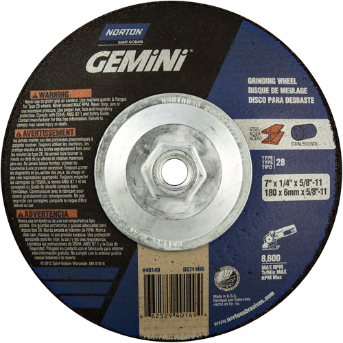 Meule soucoupes Gemini, 7" x 1/4", Arbre 5/8"-11, Oxyde d'aluminium, Type 28 Pathway Supply LP