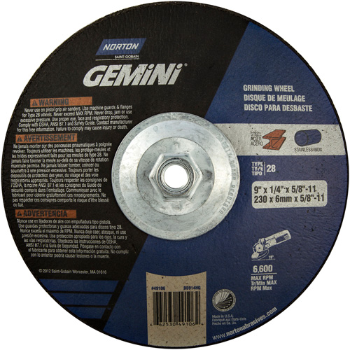 Gemini&reg; Saucer Wheel, 9" x 1/4", 5/8"-11 Arbor, Aluminum Oxide, Type 28 Pathway Supply LP