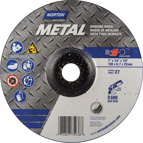 Depressed Centre Metal Grinding Wheels, 7" x 1/4", 7/8" Arbor, Aluminum Oxide, Type 27 Pathway Supply LP