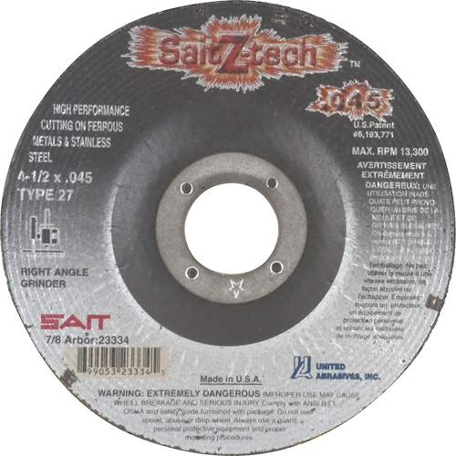 Cutting Wheel Z-Tech, 4-1/2" x 0.045", 7/8" Arbor, Type 27, Zirconium, 13300 RPM Pathway Supply LP