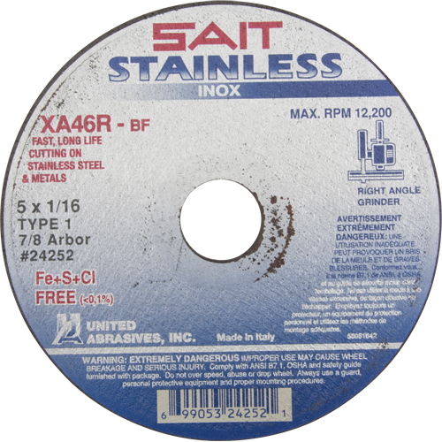 Cut-Off Wheel Contaminant-Free ZA46R, 15" x 1/16", 7/8" Arbor, Type 1, Aluminum Oxide, 12200 RPM Pathway Supply LP