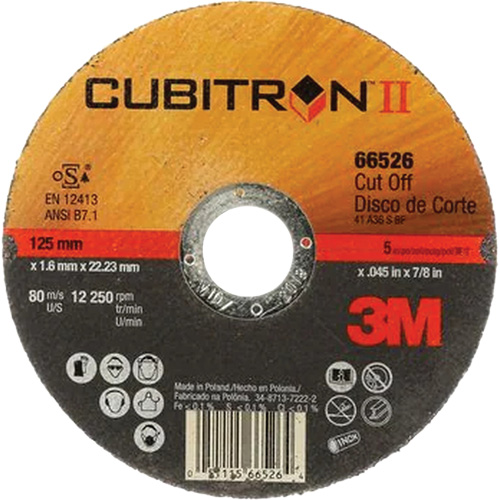 Meules &agrave; tronçonner Cubitron II, 5" x 0,045"/0,05", Arbre de 7/8", Type 1, C&eacute;ramique, 12250 Tr/min Pathway Supply LP