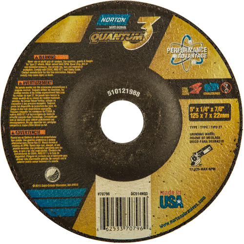 Quantum3 Grinding Wheel, 5" x 1/4", 7/8" Arbor, Ceramic, Type 27 Pathway Supply LP