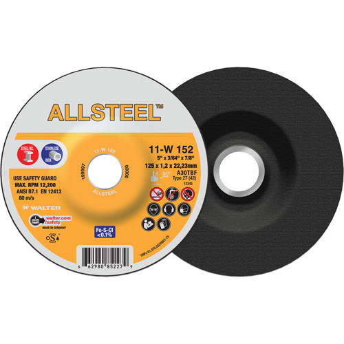 Meule &agrave; tronçonner AllSteel, 5" x 3/64", Arbre de 7/8", Type 27, Oxyde d'aluminium, 12250 Tr/min Pathway Supply LP