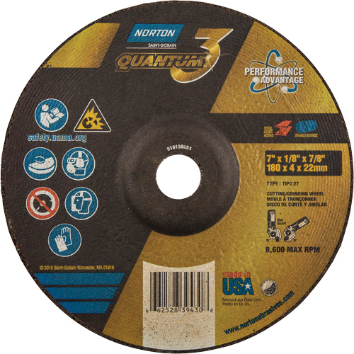 Disque de rectification et de tronçonnage Quantum3, 7" x 1/8", Arbre de 7/8", Type 27, Grain de 24, C&eacute;ramique d'alumine Pathway Supply LP