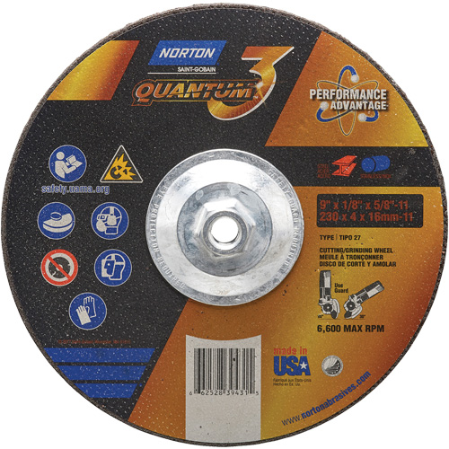 Quantum3 Grinding & Cutting Wheel, 9" x 1/8", 5/8"-11 Arbor, Type 27, 24 Grit, Ceramic Alumina Pathway Supply LP