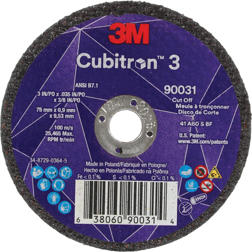 Meule &agrave; tronçonner Cubitron 3, 3" x 0,035", Arbre de 3/8", Type T1, C&eacute;ramique, 21000 Tr/min Pathway Supply LP