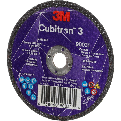 Meule &agrave; tronçonner Cubitron 3, 3" x 0,035", Arbre de 3/8", Type T1, C&eacute;ramique, 21000 Tr/min Pathway Supply LP
