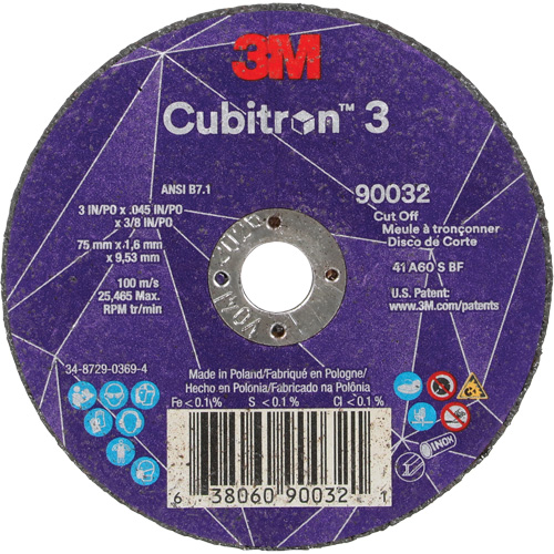 Meule &agrave; tronçonner Cubitron 3, 3" x 0,045", Arbre de 3/8", Type T1, C&eacute;ramique, 21000 Tr/min Pathway Supply LP