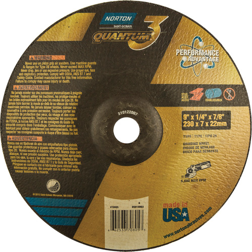 Quantum 3 SG Depressed Center Grinding Wheel, 9" x 1/4", 7/8" Arbor, Type 28, Ceramic, 6600 RPM Pathway Supply LP