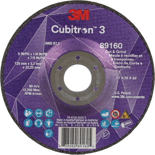 Cubitron 3 Cut and Grind Wheel, 5" x 1/8", 7/8" Arbor, Type 27, 36 Grit, Ceramic Pathway Supply LP