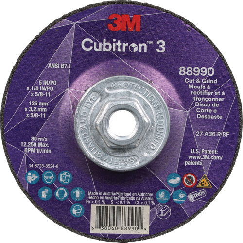 Meule &agrave; rectifier et &agrave; tronçonner Cubitron 3, 5" x 1/8", Arbre de 5/8"-11, Type 27, Grain de 36, C&eacute;ramique Pathway Supply LP