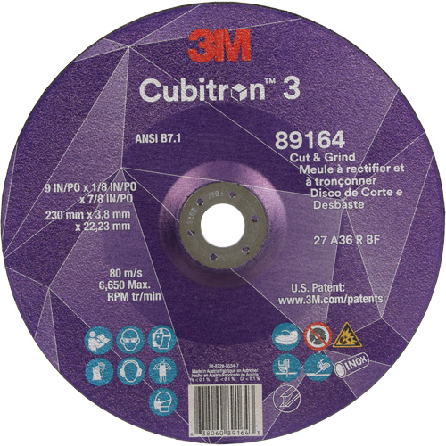 Cubitron 3 Cut and Grind Wheel, 9" x 1/8", 7/8" Arbor, Type 27, 36 Grit, Ceramic Pathway Supply LP