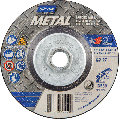 Metal Grinding Wheel, 4-1/2" x 1/4", 5/8"-11 Arbor, Aluminum Oxide, Type 27 Pathway Supply LP