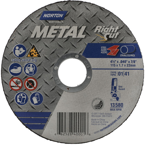 Metal RightCut Right Angle Cut-Off Wheel, 4-1/2" x 0.045", 7/8" Arbor, Type 01/41, Aluminum Oxide, 13580 RPM Pathway Supply LP
