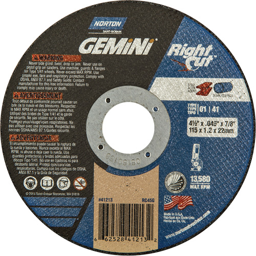 Gemini RightCut Right Angle Cut-Off Wheel, 4-1/2" x 0.045", 7/8" Arbor, Type 01/41, Aluminum Oxide, 13580 RPM Pathway Supply LP