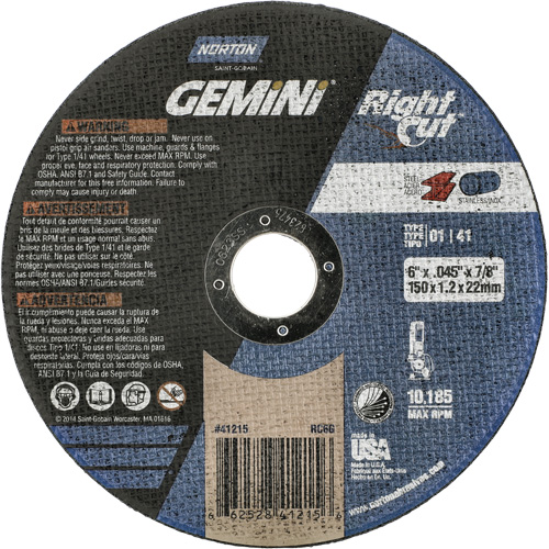 Gemini RightCut Right Angle Cut-Off Wheel, 6" x 0.045", 7/8" Arbor, Type 01/41, Aluminum Oxide, 10185 RPM Pathway Supply LP