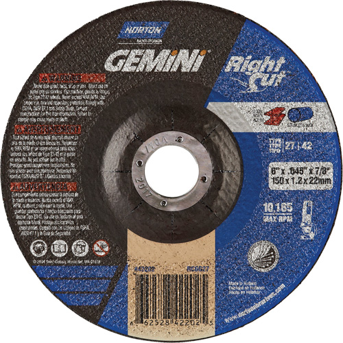 Gemini RightCut Right Angle Cut-Off Wheel, 6" x 0.045", 7/8" Arbor, Type 27/42, Aluminum Oxide, 10185 RPM Pathway Supply LP