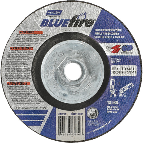 BlueFire Grinding & Cutting Wheel, 4-1/2" x 1/8", 5/8"-11 Arbor, Type 27, Zirconia Alumina Pathway Supply LP