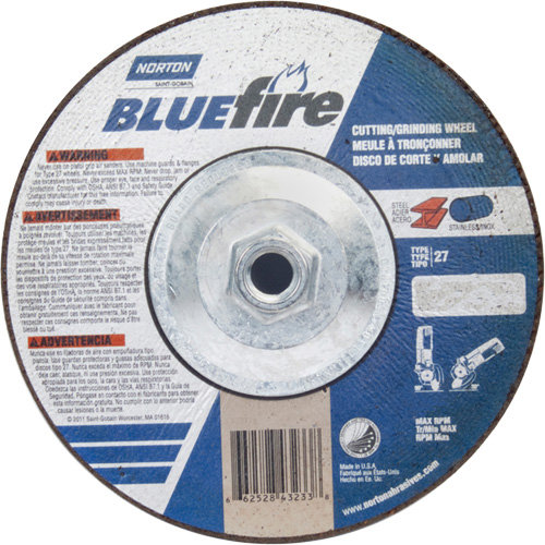 BlueFire Grinding & Cutting Wheel, 7" x 1/8", 5/8"-11 Arbor, Type 27, Zirconia Alumina Pathway Supply LP