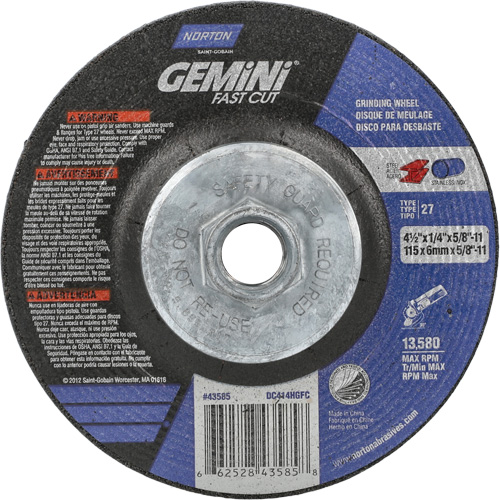Gemini Grinding Wheel, 4-1/2" x 1/4", 5/8"-11 Arbor, Aluminum Oxide, Type 27 Pathway Supply LP