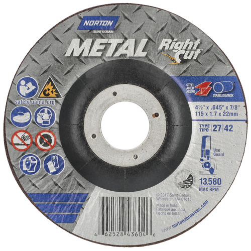 Metal RightCut Right Angle Cut-Off Wheel, 4-1/2" x 0.045", 7/8" Arbor, Type 27, Aluminum Oxide, 13580 RPM Pathway Supply LP