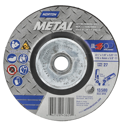 Metal Grinding & Cutting Wheel, 4-1/2" x 1/8", 5/8"-11 Arbor, Type 27, Aluminum Oxide Pathway Supply LP