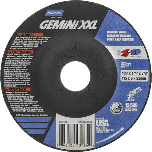 Meule XXL Gemini, 4-1/2" x 1/4", Arbre 7/8", Oxyde d'aluminium, Type 27 Pathway Supply LP