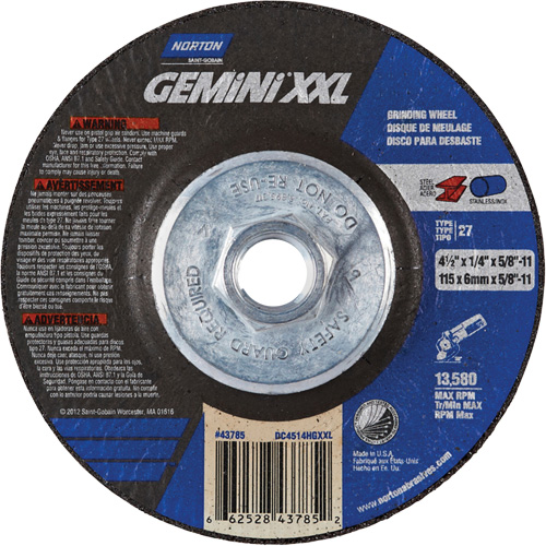 Meule XXL Gemini, 4-1/2" x 1/4", Arbre 5/8"-11, Oxyde d'aluminium, Type 27 Pathway Supply LP