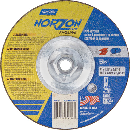 NorZon Plus SGZ Right Angle Cut-Off Wheel, 7" x 1/8", 5/8"-11 Arbor, Type 27/42, Ceramic Alumina, 8600 RPM Pathway Supply LP