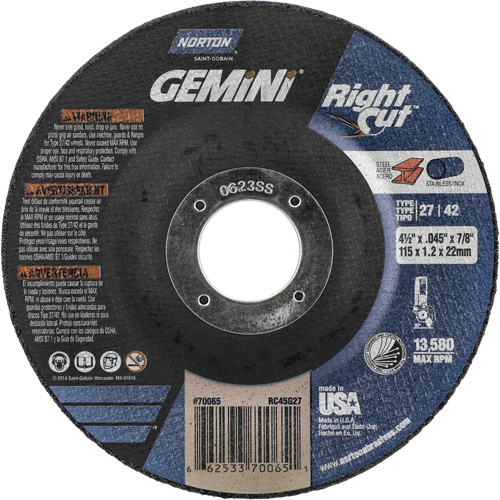 Gemini RightCut Right Angle Cut-Off Wheel, 4-1/2" x 0.045", 7/8" Arbor, Type 27/42, Aluminum Oxide, 13580 RPM Pathway Supply LP