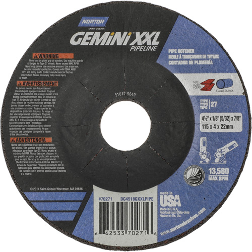 Gemini XXL Grinding & Cutting Wheel, 4-1/2" x 1/8", 7/8" Arbor, Type 27, Aluminum Oxide Pathway Supply LP
