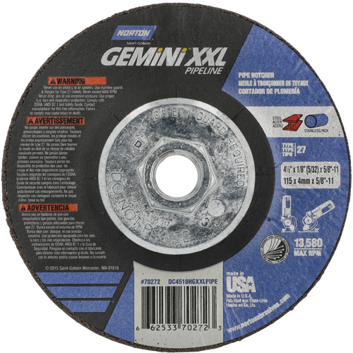 Gemini XXL Grinding & Cutting Wheel, 4-1/2" x 1/8", 5/8"-11 Arbor, Type 27, Aluminum Oxide Pathway Supply LP