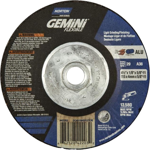 Gemini Flexible A AO Grinding and Cutting Wheel, 4-1/2" x 1/8", 5/8"-11 Arbor, Type 29, Aluminum Oxide, 13580 RPM Pathway Supply LP