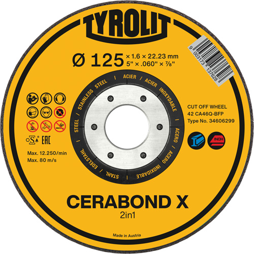 Meule &agrave; tronçonner pour acier et acier inoxydable CERABOND X, 4-1/2" x 0,6", Arbre de 7/8", Type 1, C&eacute;ramique, 12250 Tr/min Pathway Supply LP