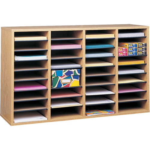 Adjustable Compartment Literature Organizer, Stationary, 36 Slots, Wood, 39-1/4" W x 11-3/4" D x 24" H Pathway Supply LP