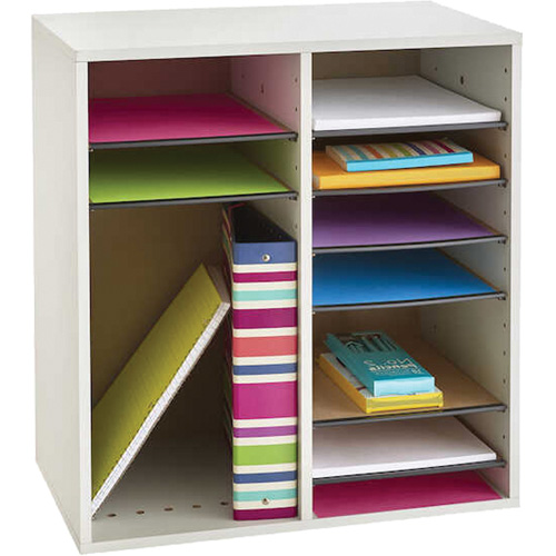 Adjustable Compartment Literature Organizer, Stationary, 16 Slots, Wood, 19-1/2" W x 11-3/4" D x 21" H Pathway Supply LP