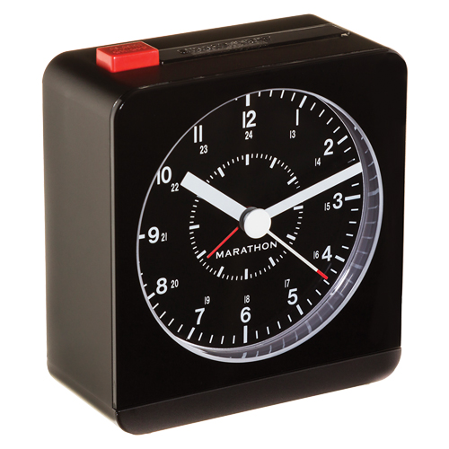 Desk Alarm Clock, Analog, Battery Operated, 3.5" W x 1.5" D x 3.75" H, Black Pathway Supply LP