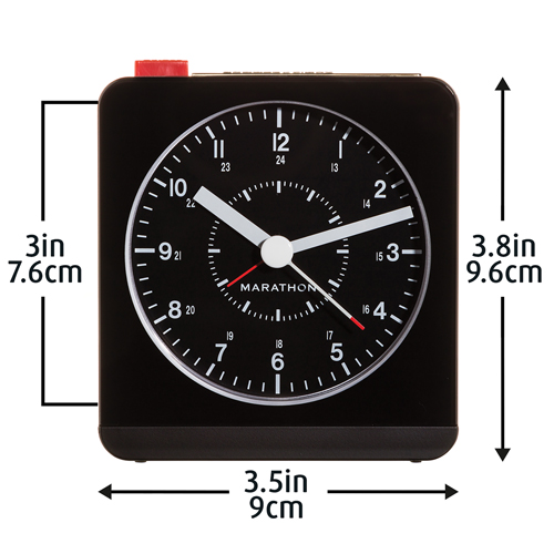 Desk Alarm Clock, Analog, Battery Operated, 3.5" W x 1.5" D x 3.75" H, Black Pathway Supply LP