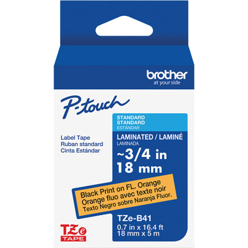 Ruban lamin&eacute; TZe-B41 pour &eacute;tiqueteuses P-Touch compatibles avec les rubans TZe, Noir sur orange fluorescent, Largeur de 0,7" Pathway Supply LP